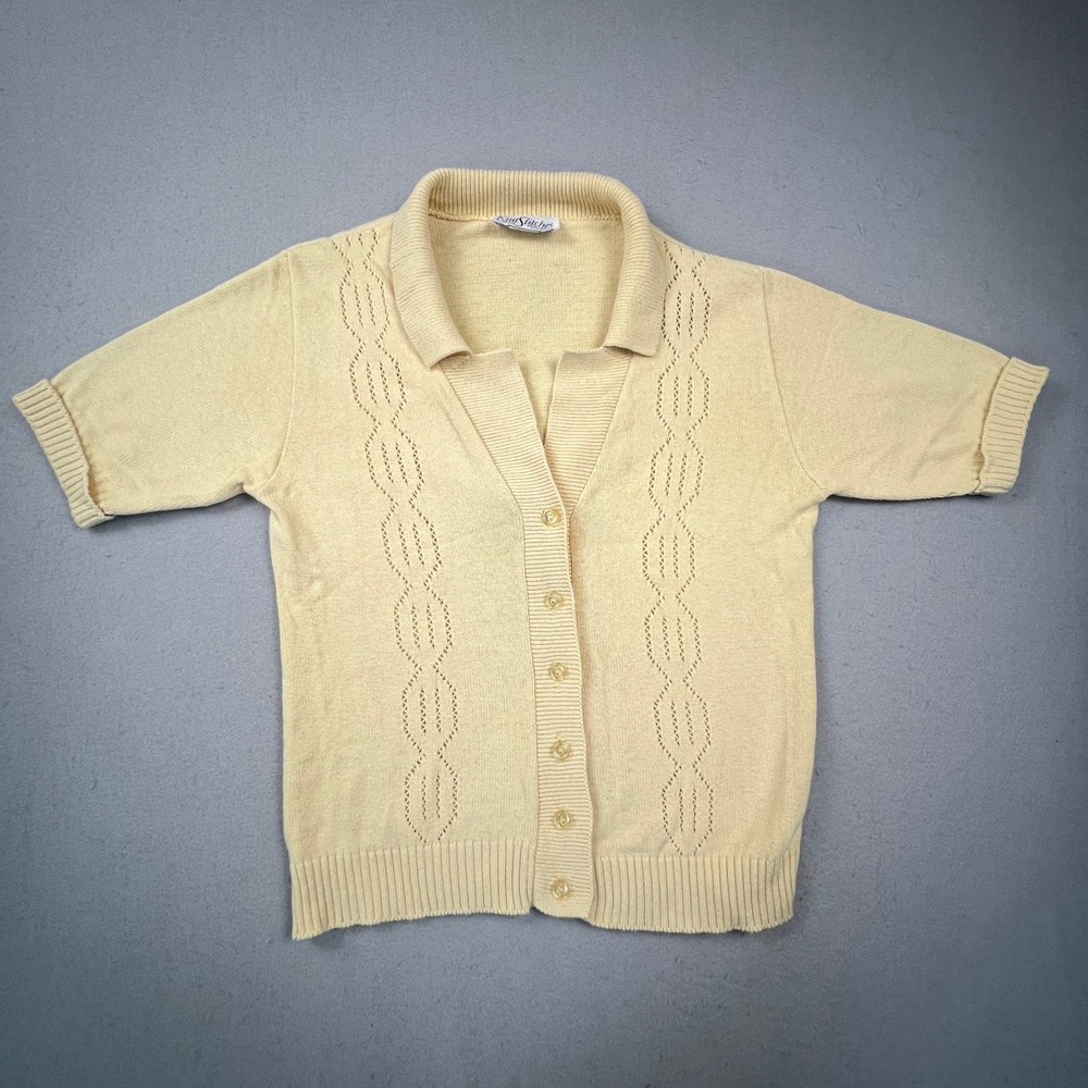 Knit Stitches Cardigan Sweater Womens M Yellow Pointelle Short Sleeve VTG USA